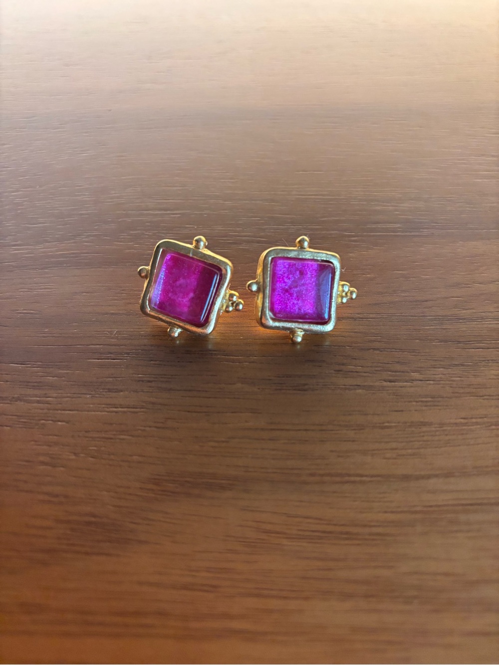 Susan Shaw Gold Square Pink Glass Stud Earrings